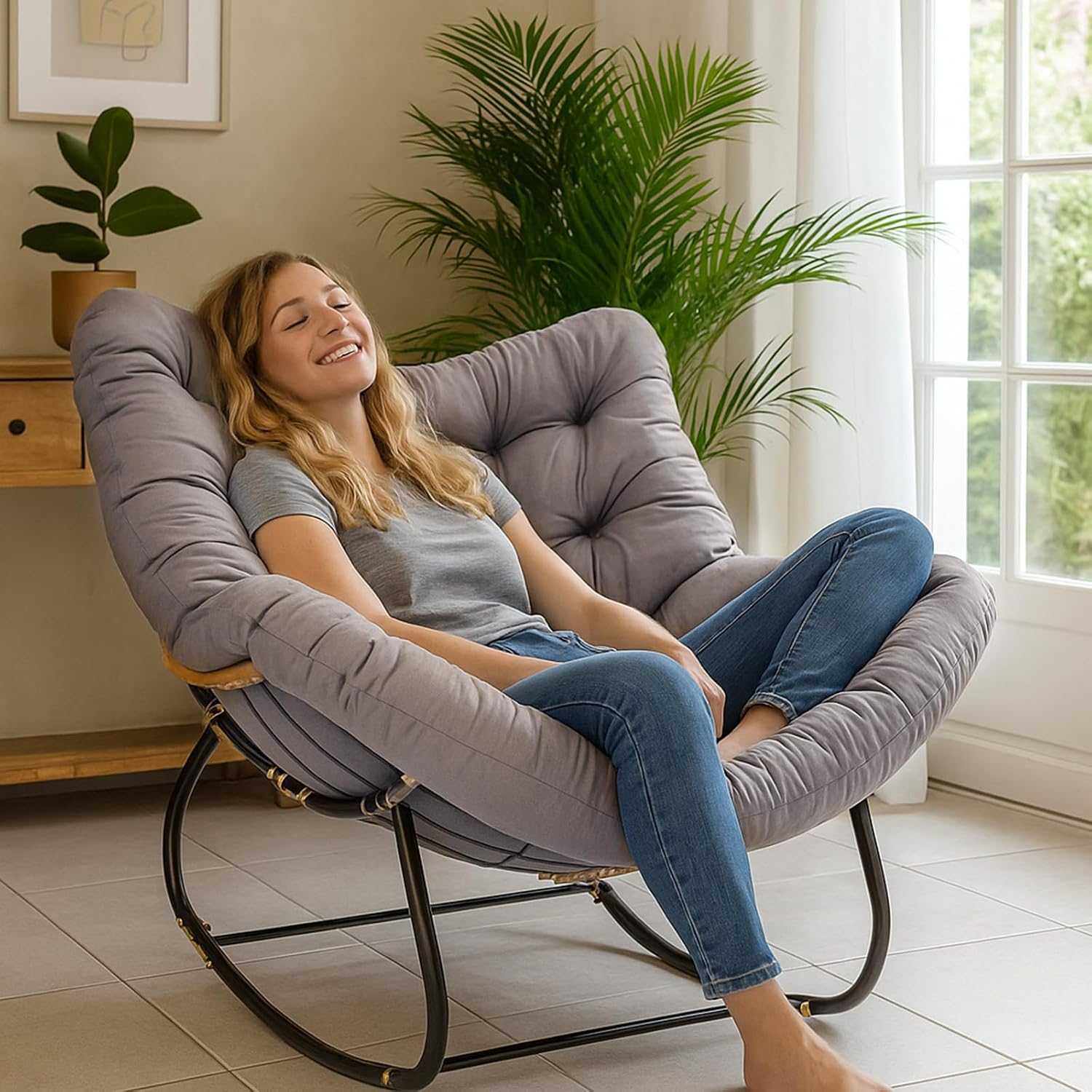 Oversized Outdoor Egg Rocking Chair With Cushion - EVERNEST HOME & GARDEN