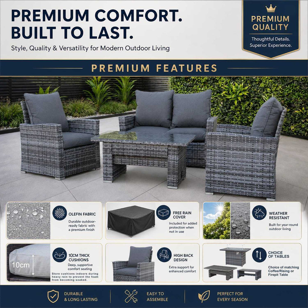 4 Seater Rattan Garden Sofa Set With Rising Table - EVERNEST HOME & GARDEN