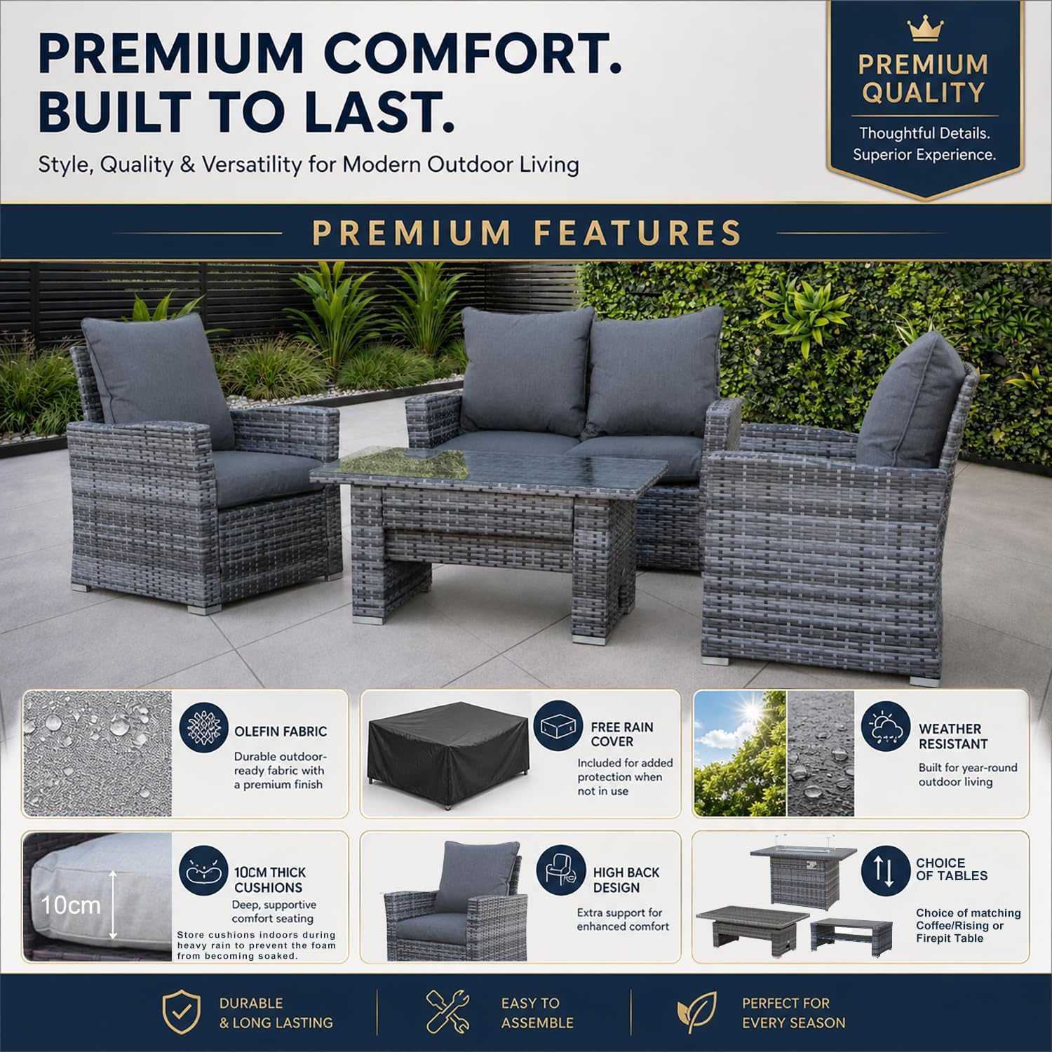 4 Seater Rattan Garden Sofa Set With Rising Table - EVERNEST HOME & GARDEN