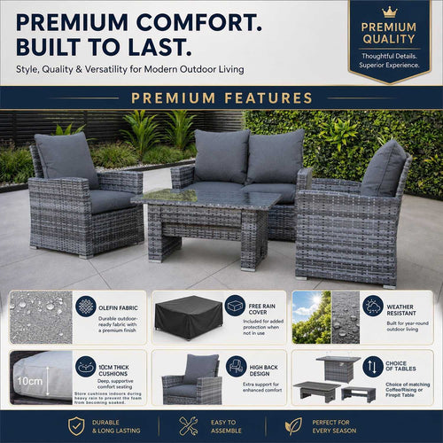 4 Seater Rattan Garden Sofa Set With Rising Table - EVERNEST HOME & GARDEN