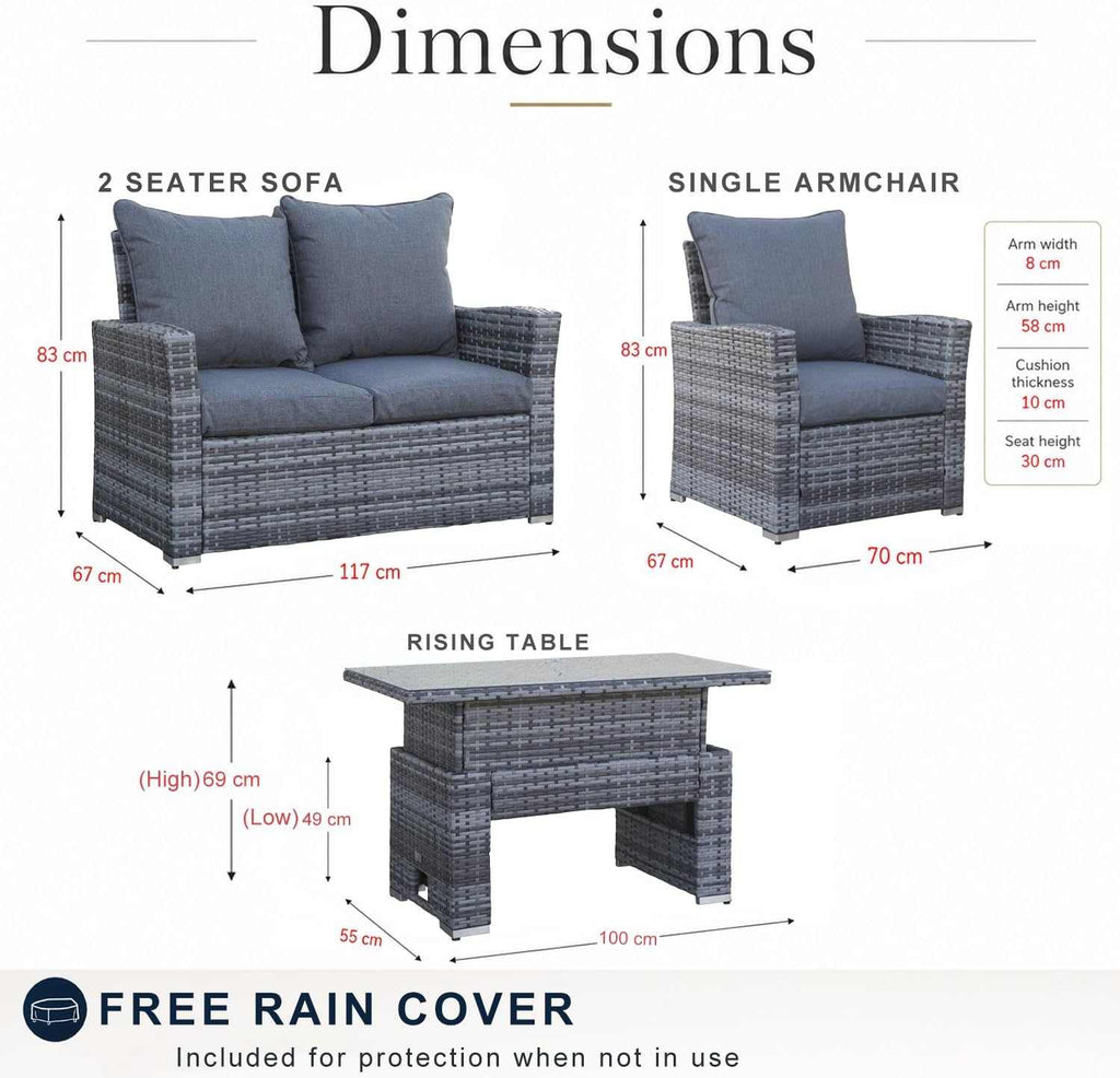 4 Seater Rattan Garden Sofa Set With Rising Table - EVERNEST HOME & GARDEN