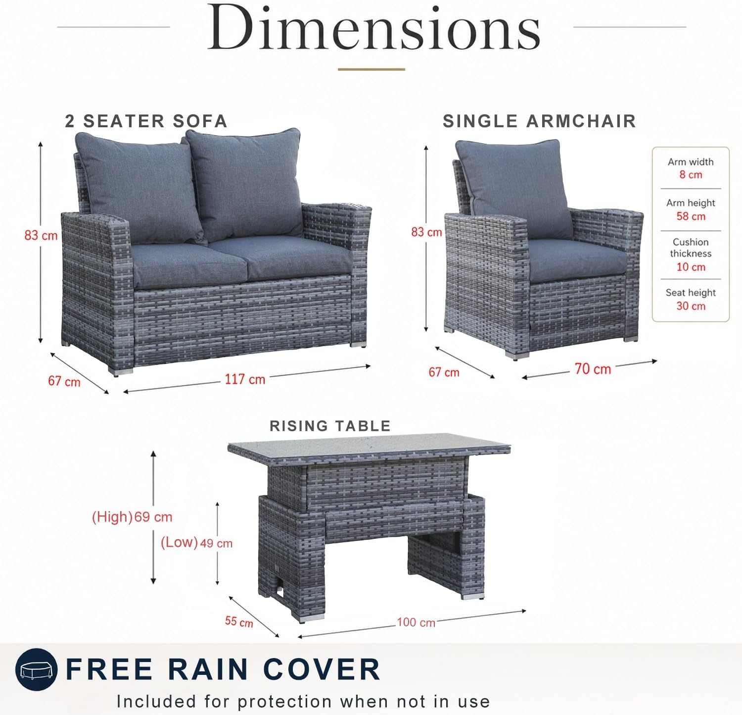 4 Seater Rattan Garden Sofa Set With Rising Table - EVERNEST HOME & GARDEN