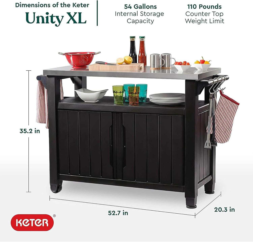 Outdoor prep table and storage cart with 78-gallon capacity, wheels, hooks, and weatherproof design
