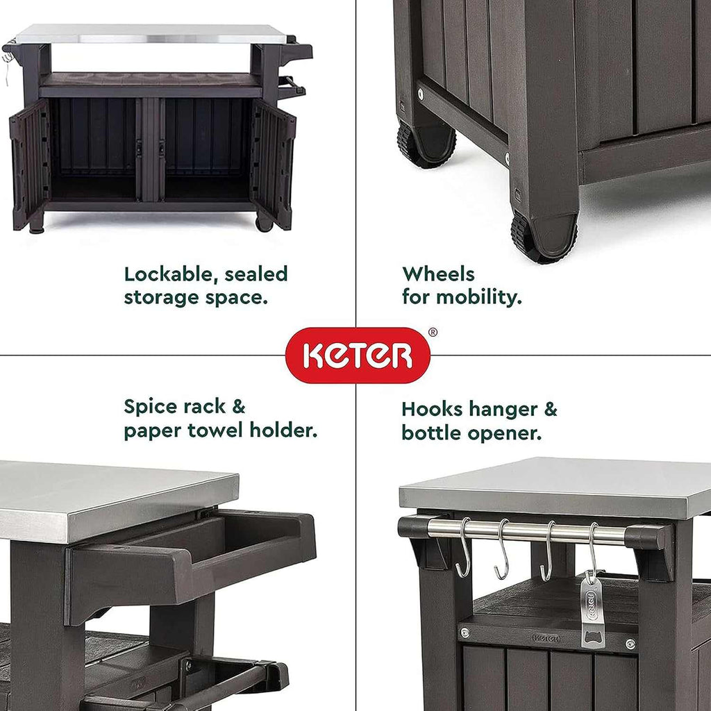 Outdoor prep table and storage cart with 78-gallon capacity, weatherproof design, hooks, spice rack, bottle opener, and wheels for easy mobility