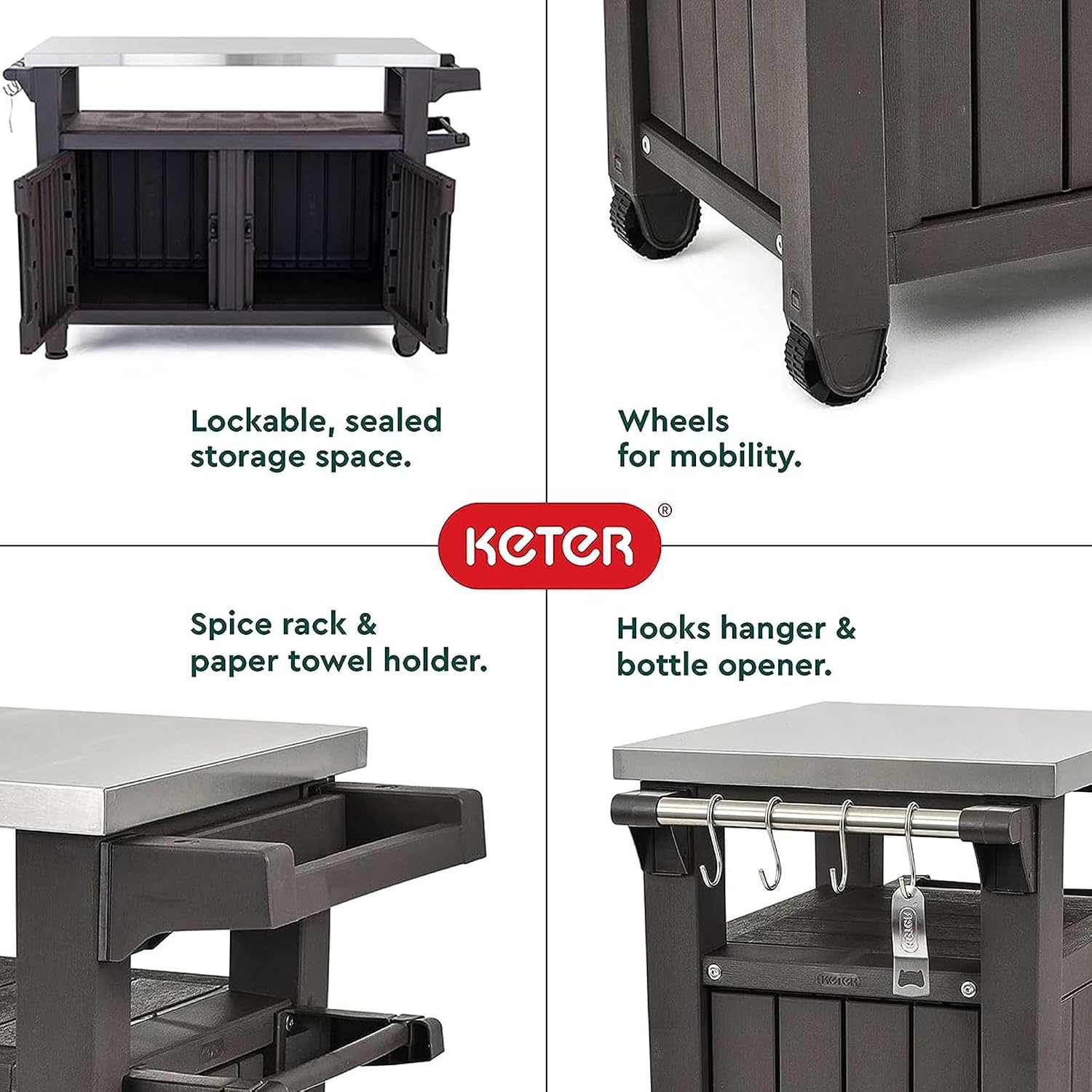 Outdoor prep table and storage cart with 78-gallon capacity, weatherproof design, hooks, spice rack, bottle opener, and wheels for easy mobility