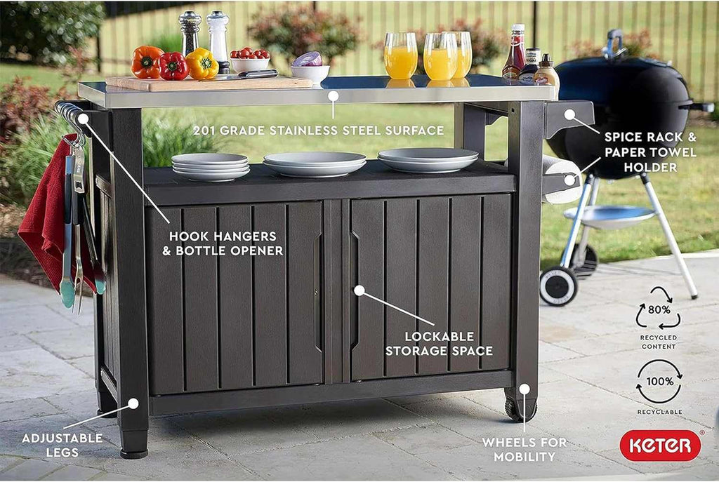 Outdoor prep table and storage cart with 78 gallon capacity, wheels, and built-in hooks for barbecue tools and drinks organization