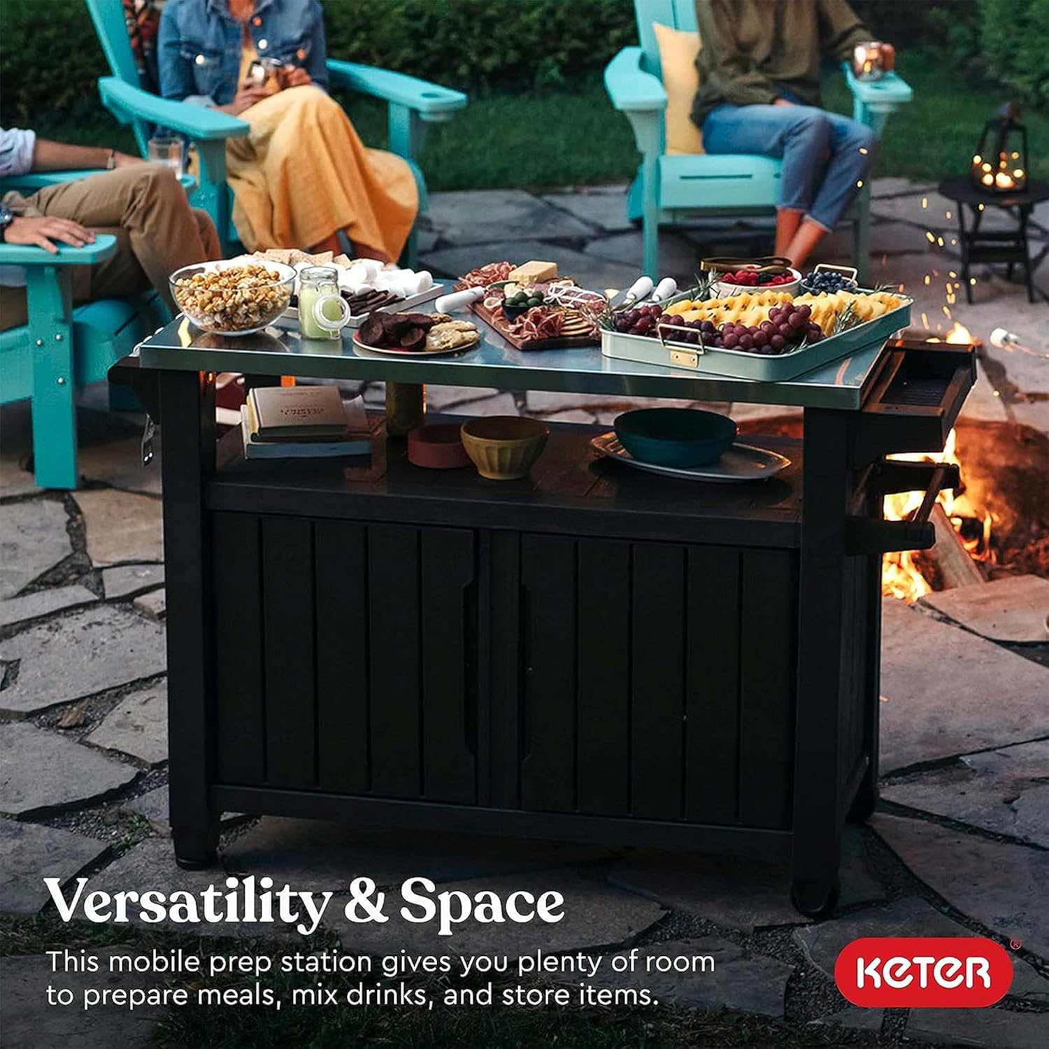 Outdoor prep table and storage cart with 78-gallon capacity, wheels, and barbecue tool organizers