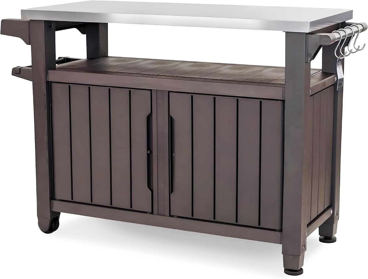 Outdoor prep table and storage cart with 78 gallon capacity, durable weatherproof design, hooks, spice rack, bottle opener, and wheels for easy mobility