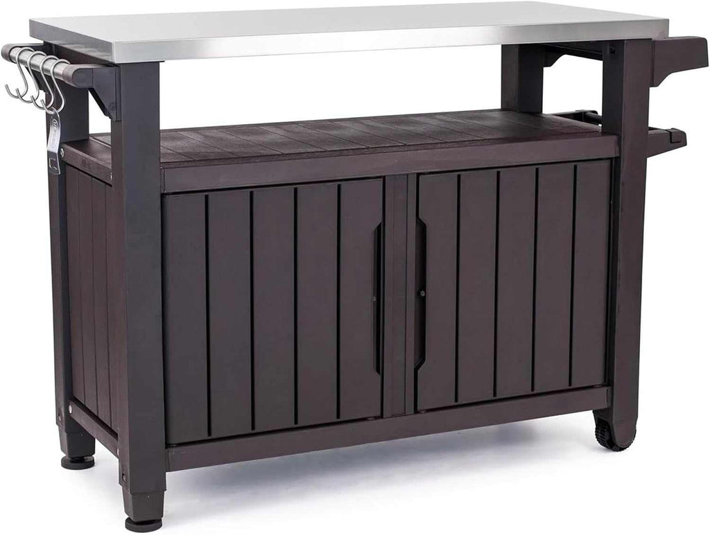 Outdoor prep table and storage cart with 78 gallon capacity, weatherproof design, wheels, hooks, and spice rack for barbecue tools and drinks
