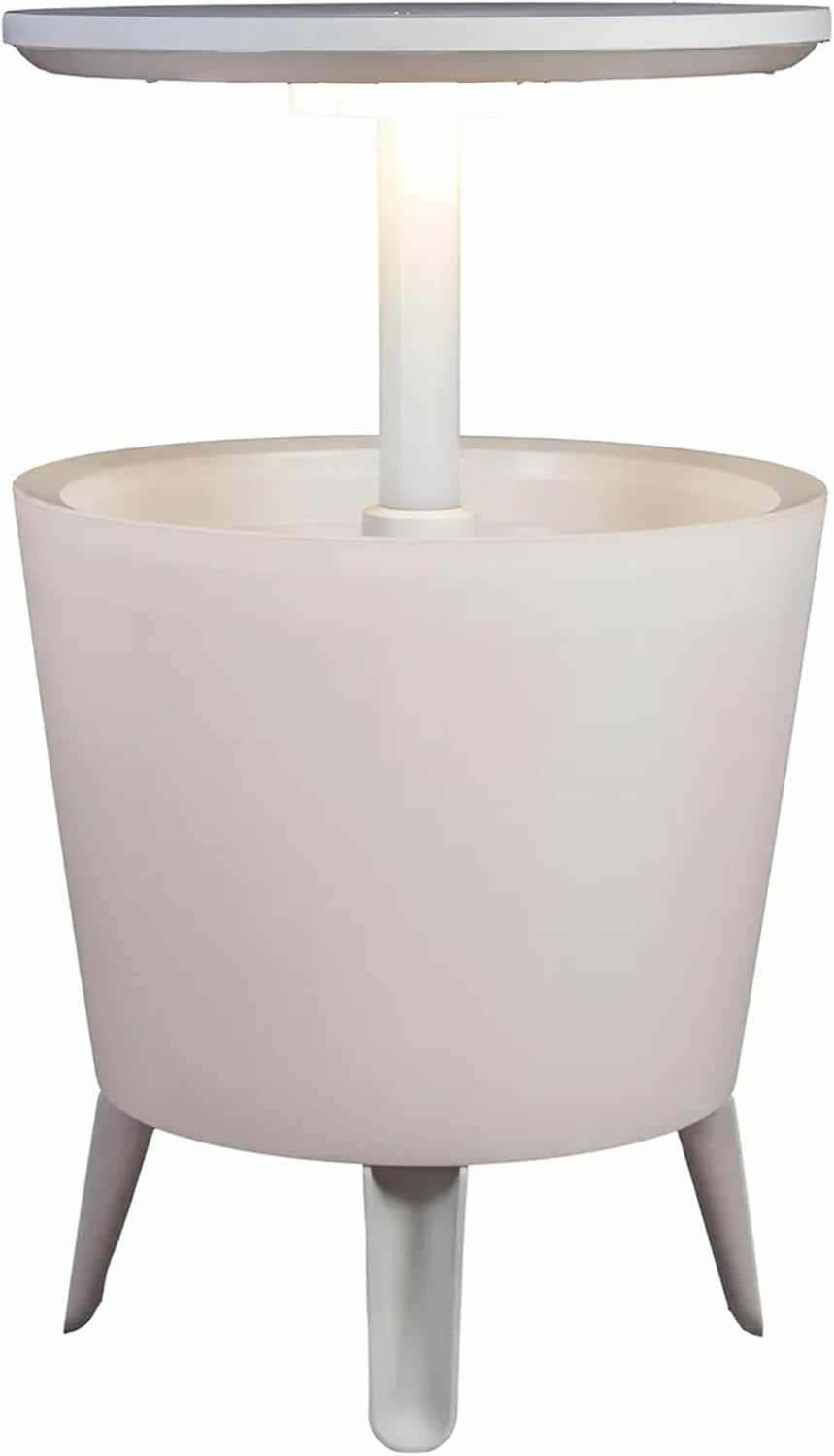 Illuminated outdoor cool bar ice cooler table with built-in cooler and glowing tabletop on patio