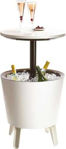 Illuminated outdoor cool bar ice cooler table with built-in cooler and glowing tabletop on patio