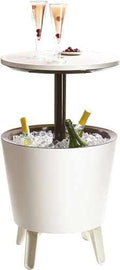 Illuminated outdoor cool bar ice cooler table with built-in cooler and glowing tabletop on patio