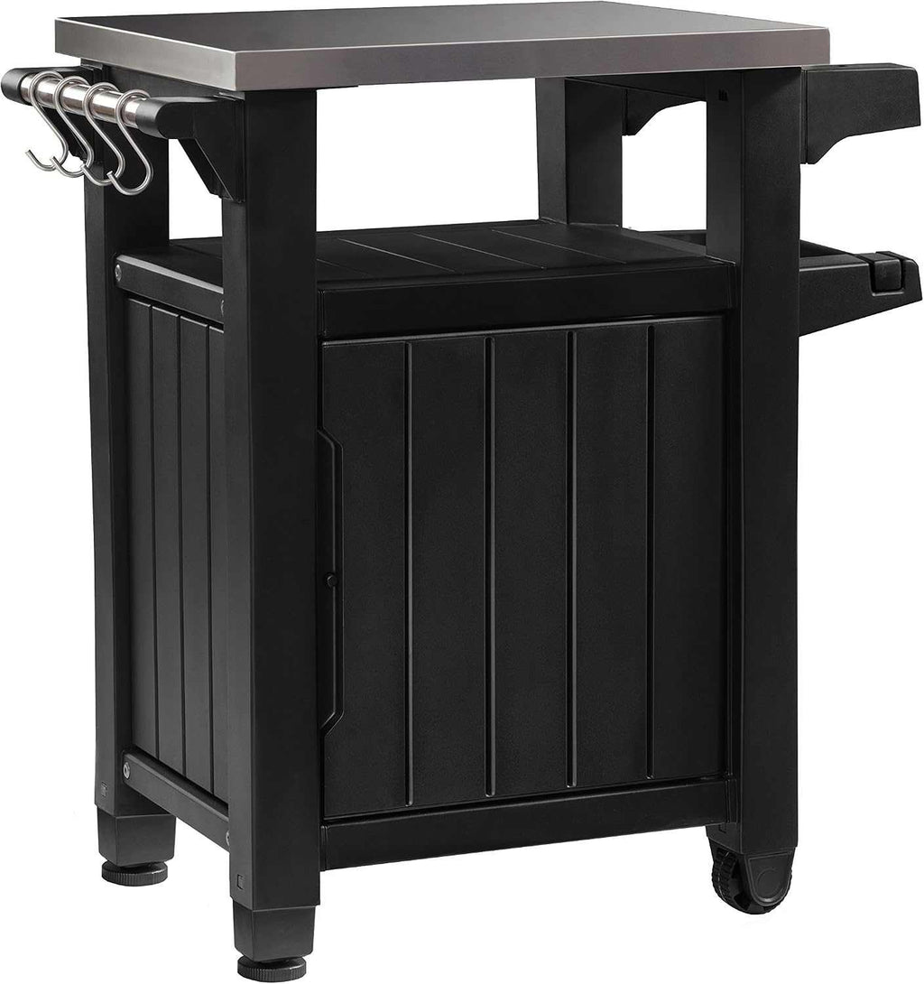Outdoor garden kitchen food station with stainless steel worktop and storage cupboards on castors