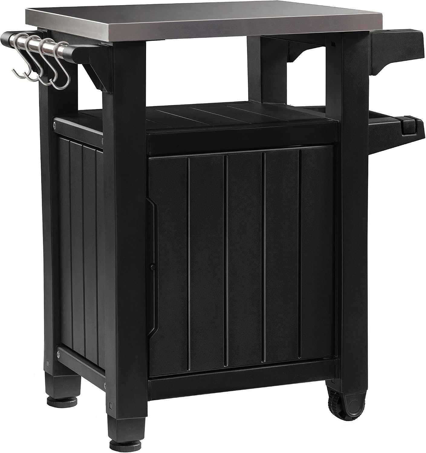 Outdoor garden kitchen food station with stainless steel worktop and storage cupboards on castors