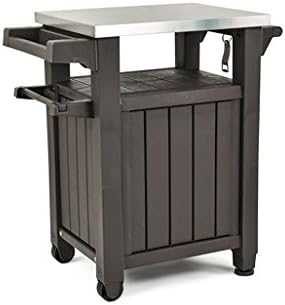 Outdoor garden kitchen food station with storage, stainless steel top, resin wood style, and mobile castors on patio