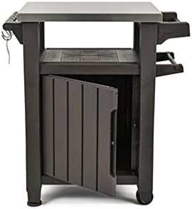 Outdoor garden kitchen with mobile serving station, stainless steel top, and storage cupboard