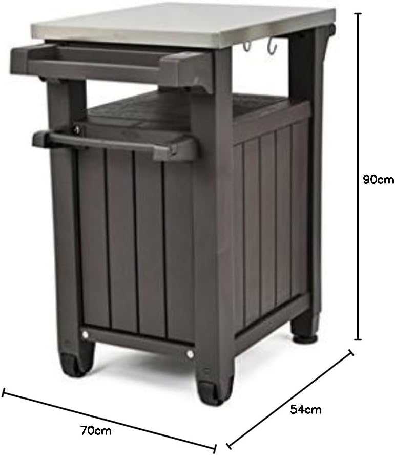 Outdoor garden kitchen food station with stainless steel top, storage cupboard, and castors for mobility