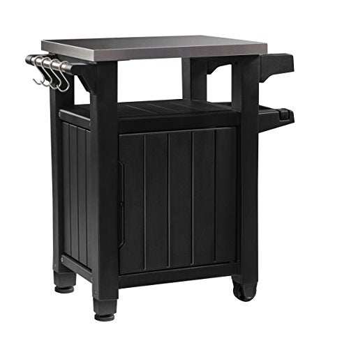 Outdoor garden kitchen food station with stainless steel countertop and storage cupboard on castors
