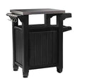 Outdoor garden kitchen food station with stainless steel countertop and storage cupboard on castors
