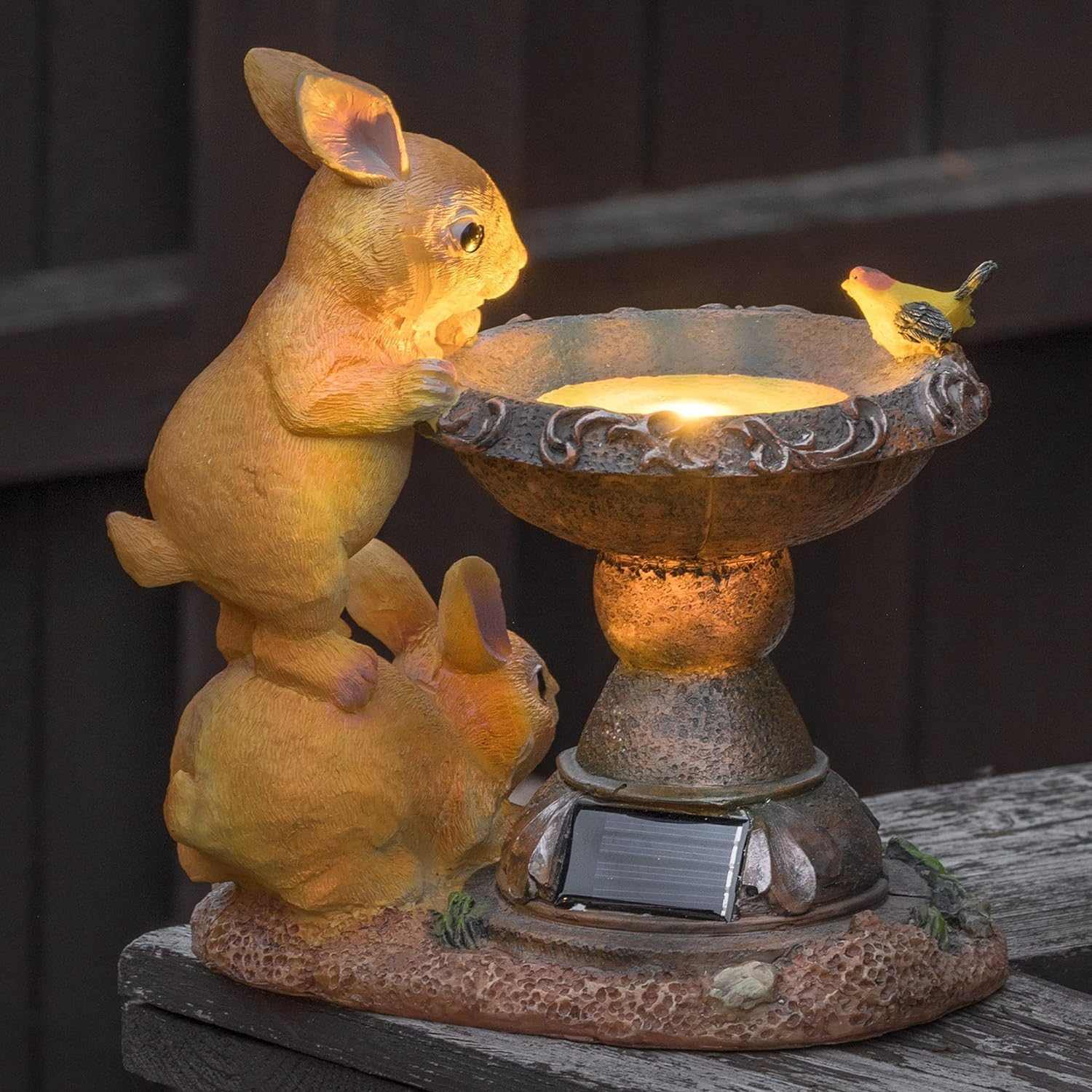 Solar rabbit bird bath garden statue with hand-painted details and solar-powered LED light