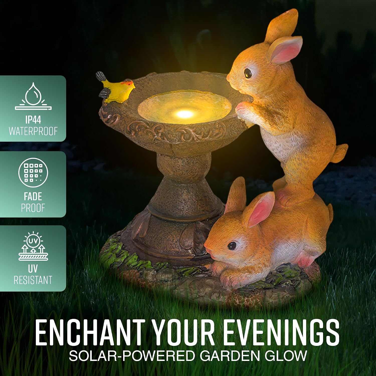 Solar rabbit bird bath garden statue with LED light and hand-painted details