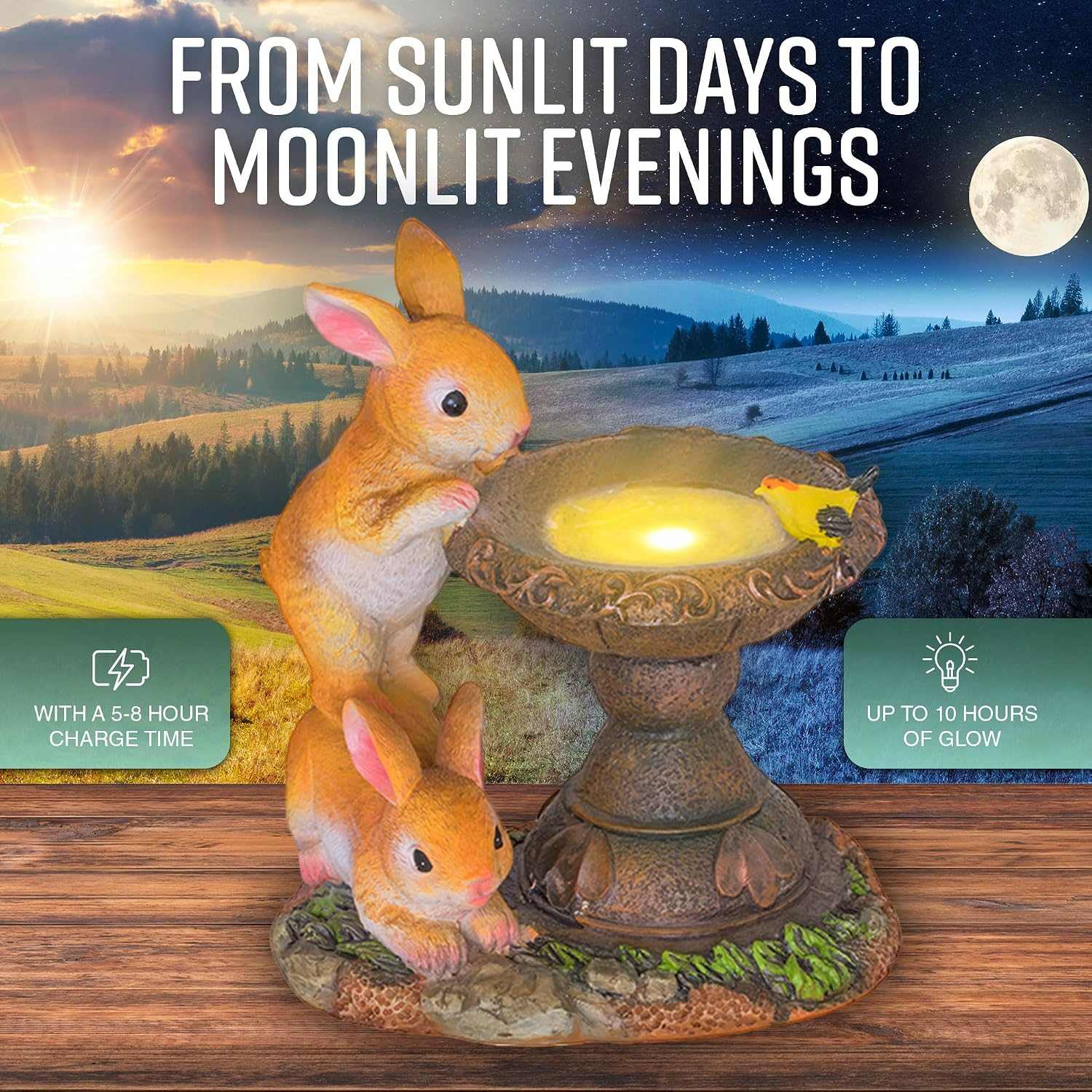 Solar rabbit bird bath garden statue with LED light and hand-painted details