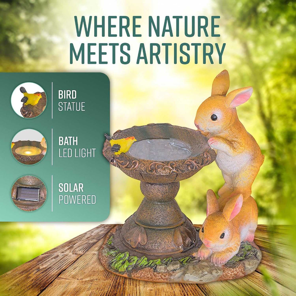 Solar rabbit bird bath garden statue with LED light and hand-painted details