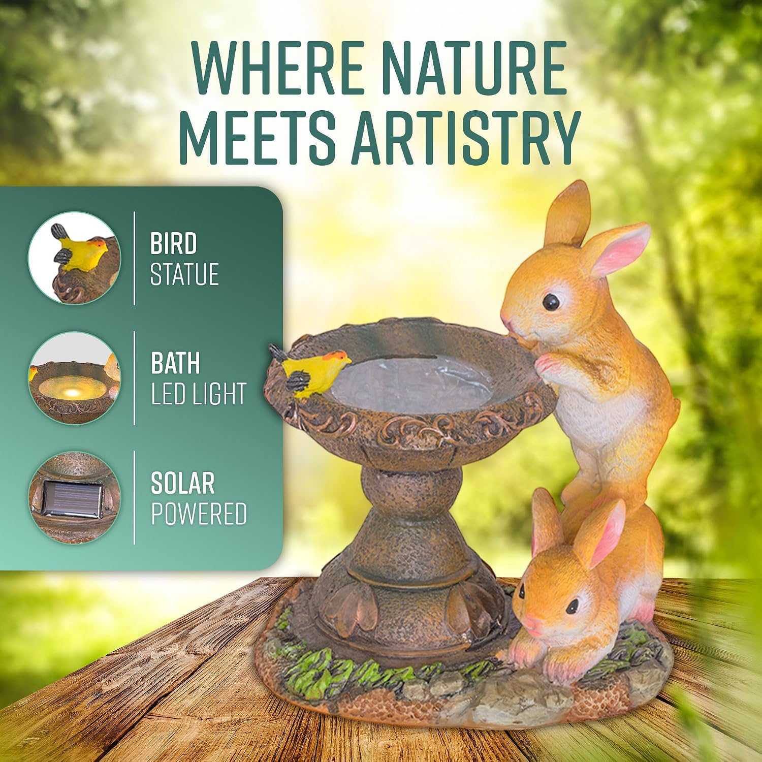 Solar rabbit bird bath garden statue with LED light and hand-painted details