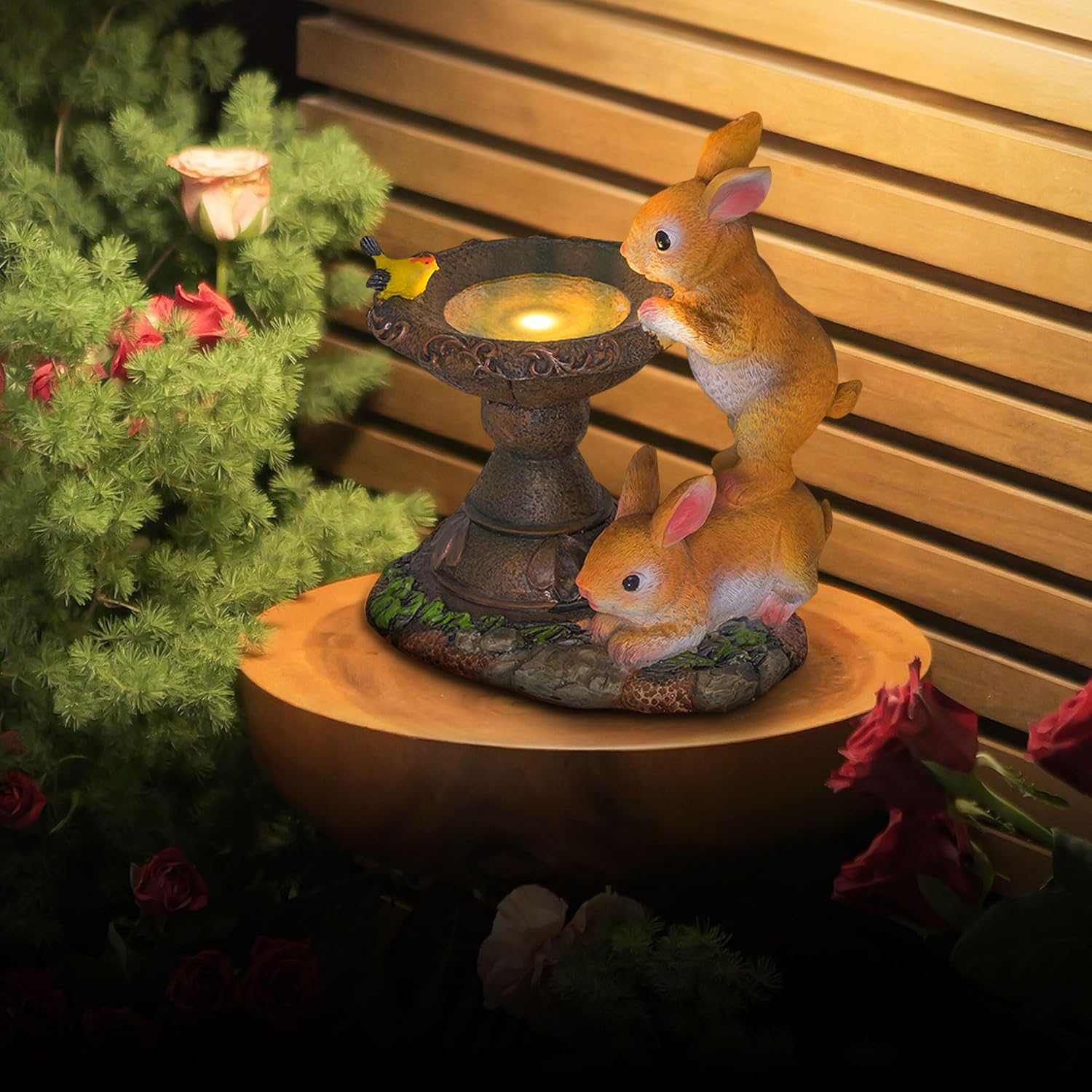 Solar rabbit bird bath garden statue with hand-painted details and solar-powered LED light