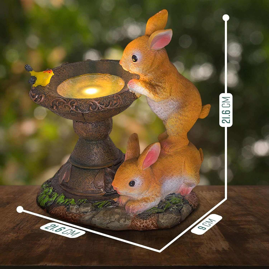 Solar rabbit bird bath garden statue with hand-painted details and solar-powered LED light