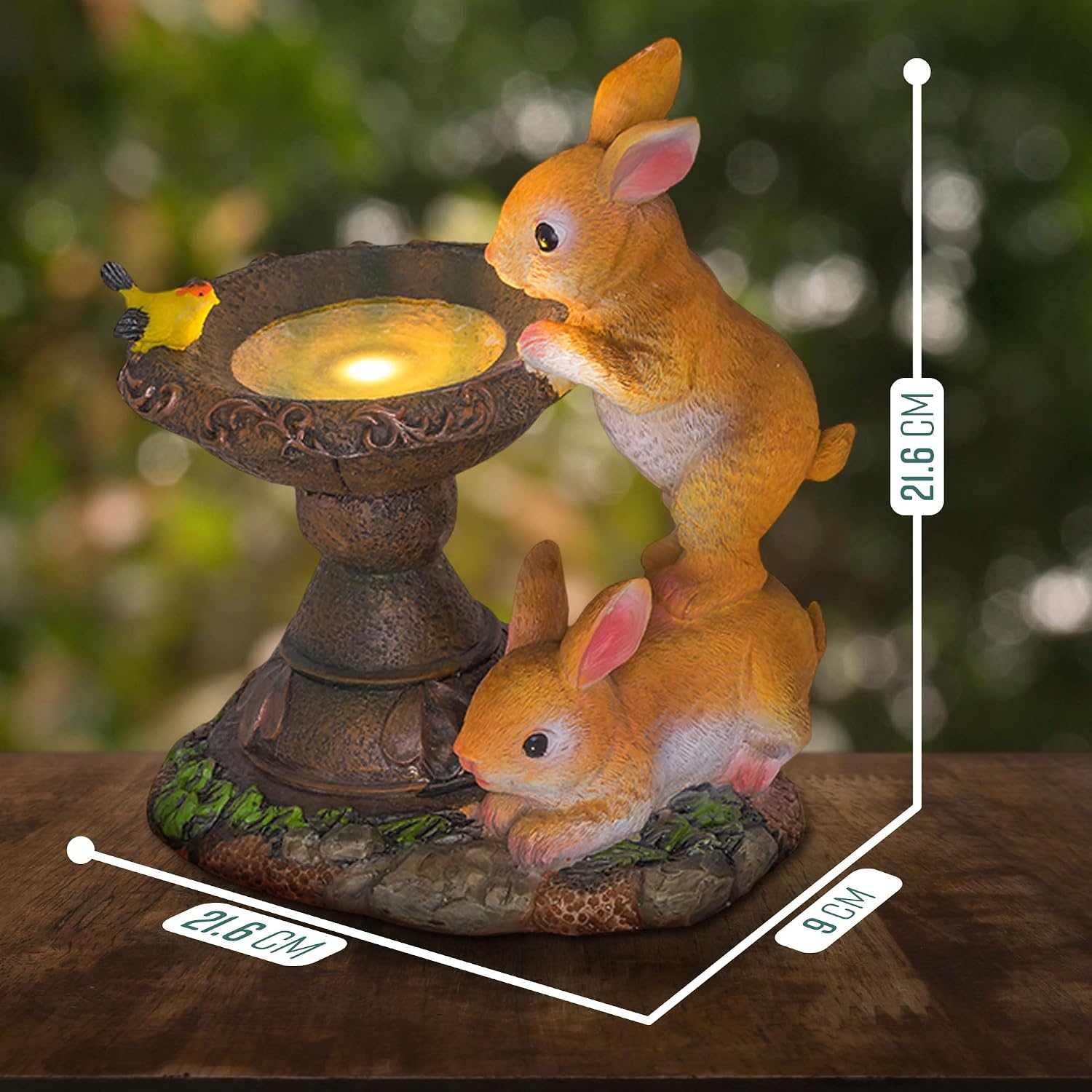 Solar rabbit bird bath garden statue with hand-painted details and solar-powered LED light