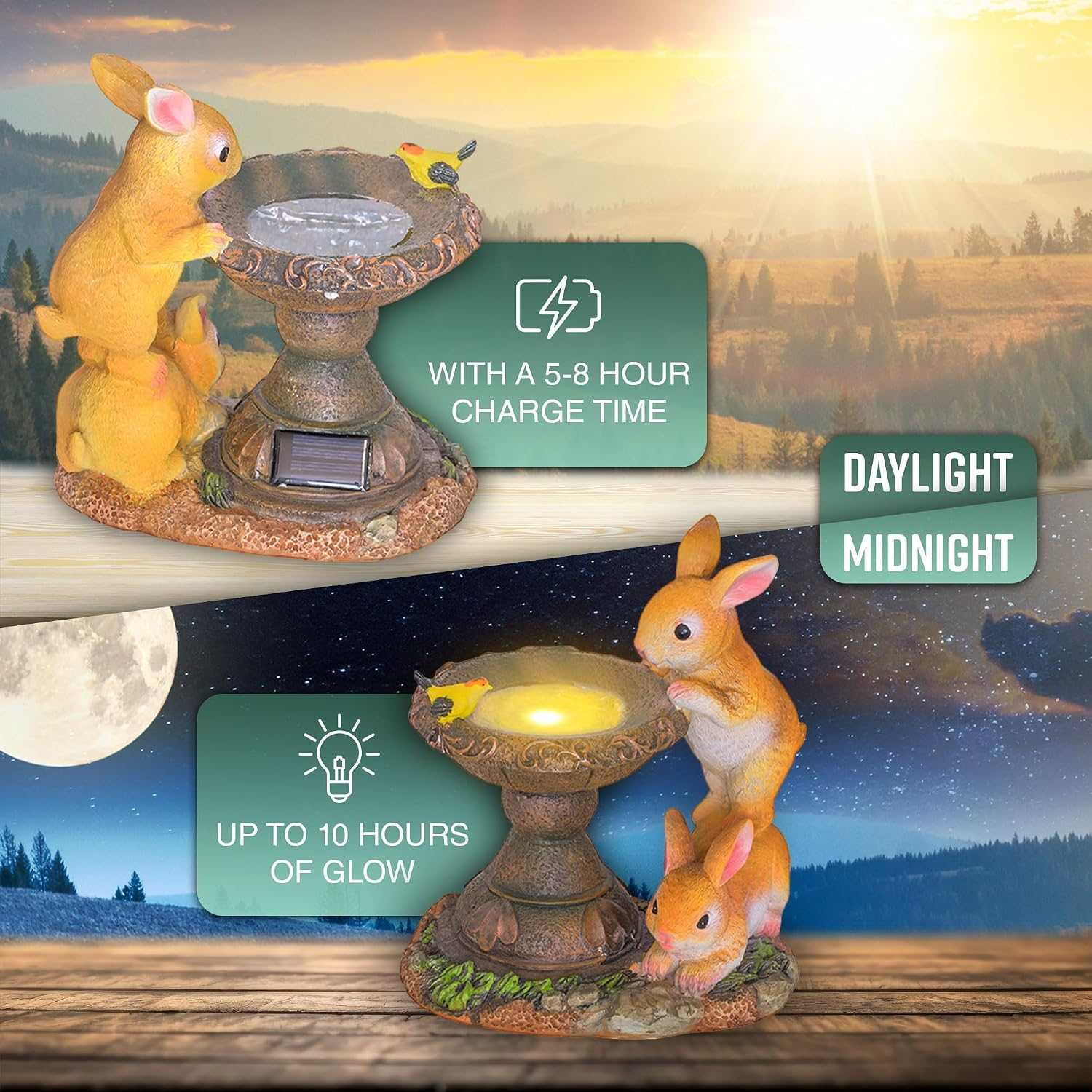 Solar rabbit bird bath garden statue with hand-painted details and solar-powered LED light