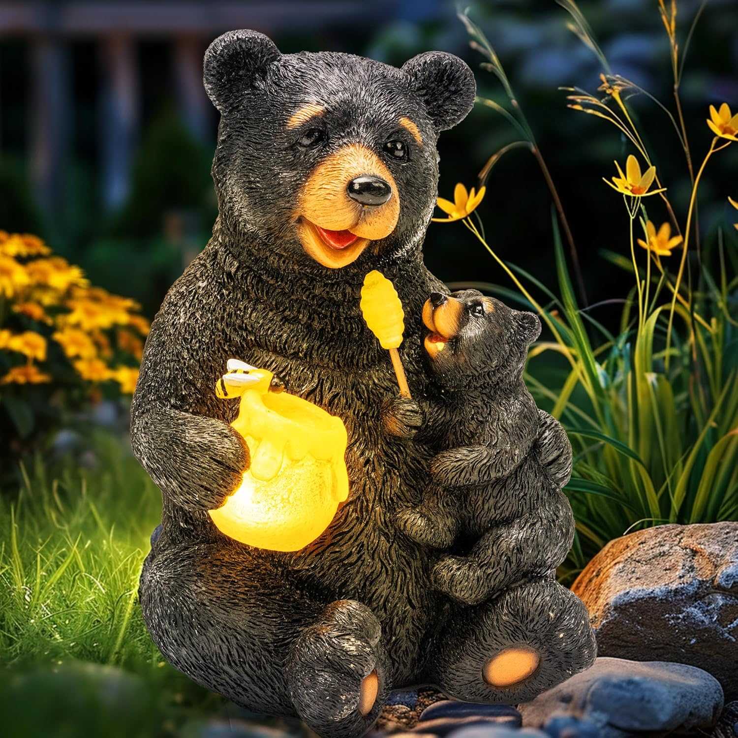 Hand-painted solar bear garden statue featuring mom and cub with soft solar-lit honey pot for outdoor decor