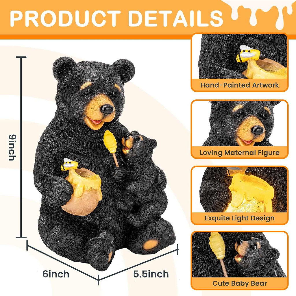 Hand-painted solar bear garden statue featuring mom and cub with glowing honey pot light
