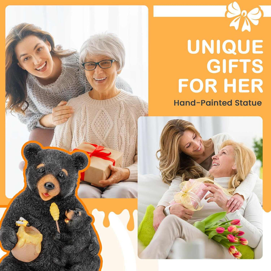 Hand-painted solar bear garden statue with mom and cub figurine and solar-powered honey pot light
