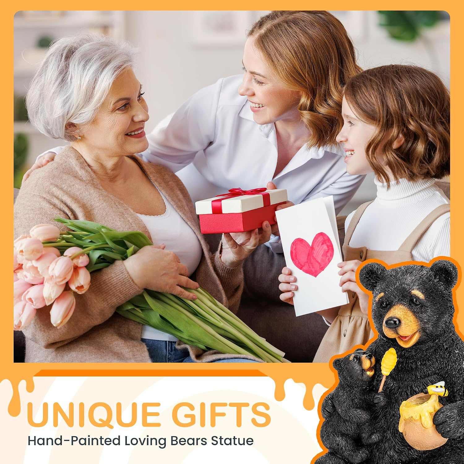 Hand-painted solar bear garden statue with mom and cub figurine featuring soft solar lighting and woodland charm