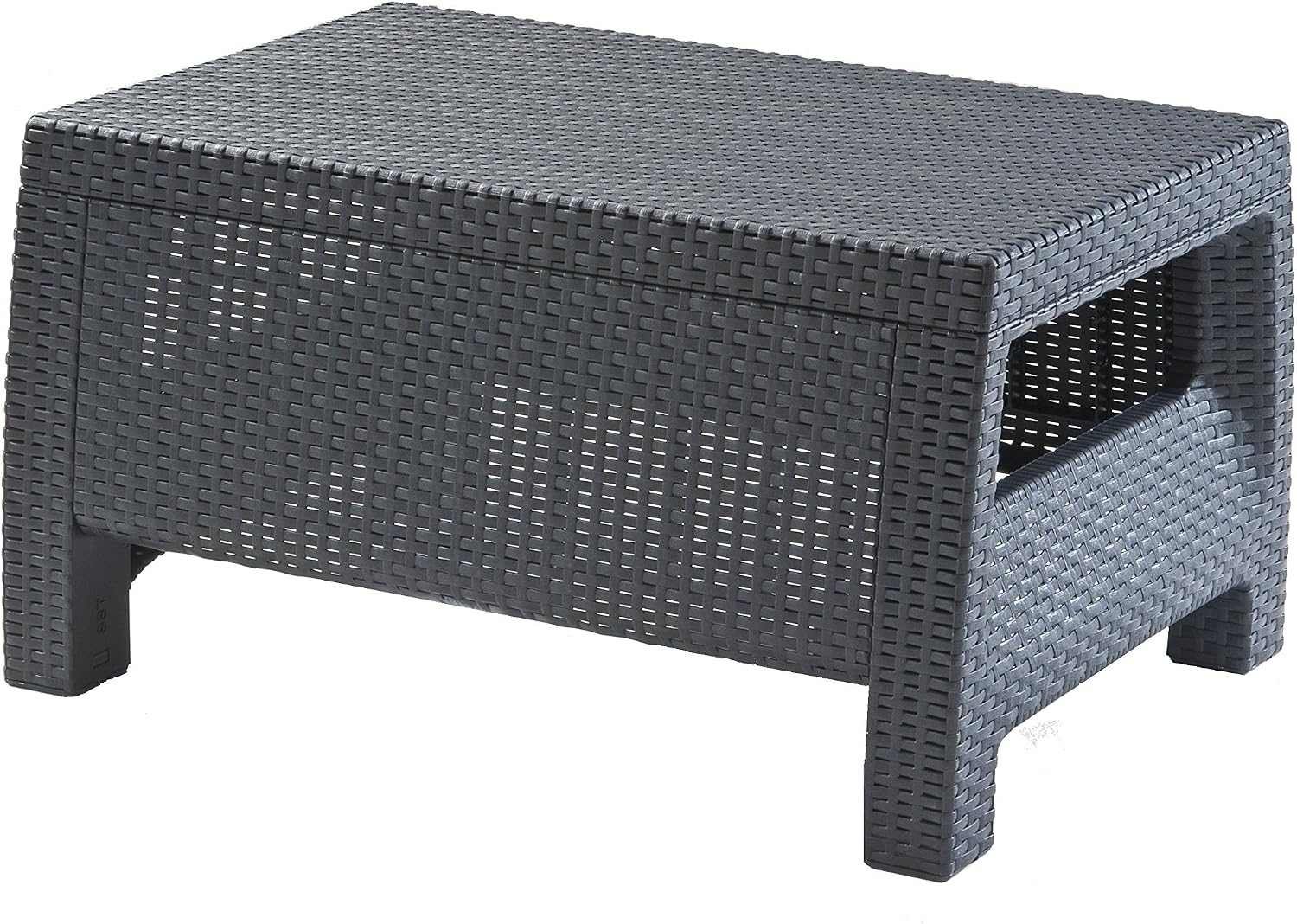 Outdoor rattan 4 seater sofa set with reclining cushions and coordinating accent table in garden setting