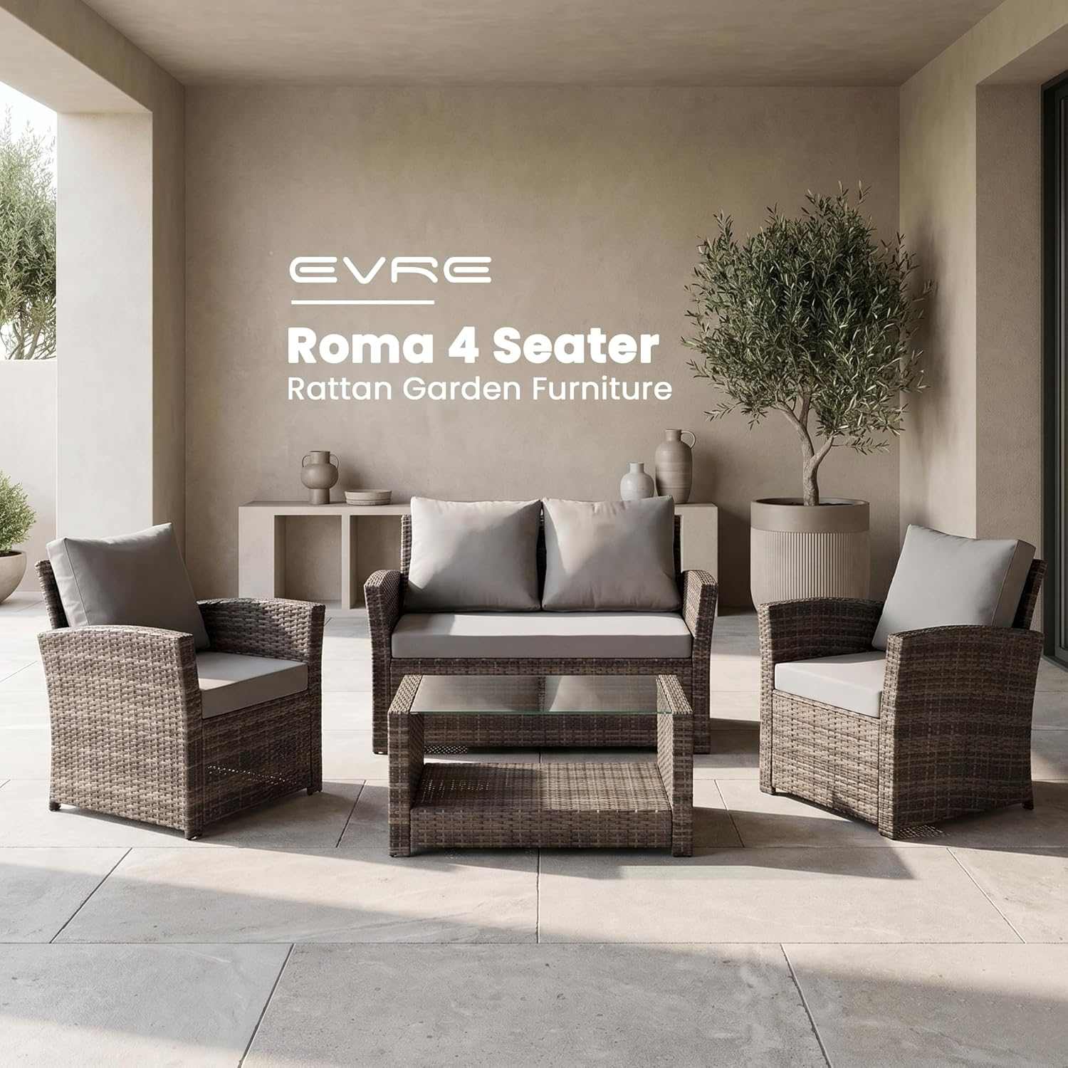 4 seater rattan garden sofa set with cushioned two-seater sofa, armchairs, and glass-top coffee table in modern outdoor patio setting