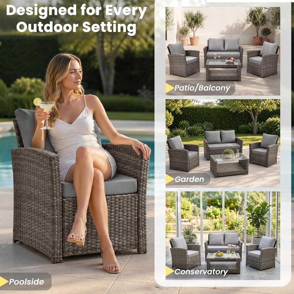 4 seater rattan garden sofa set with cushioned two-seater sofa, armchairs, and glass-top coffee table in outdoor patio setting