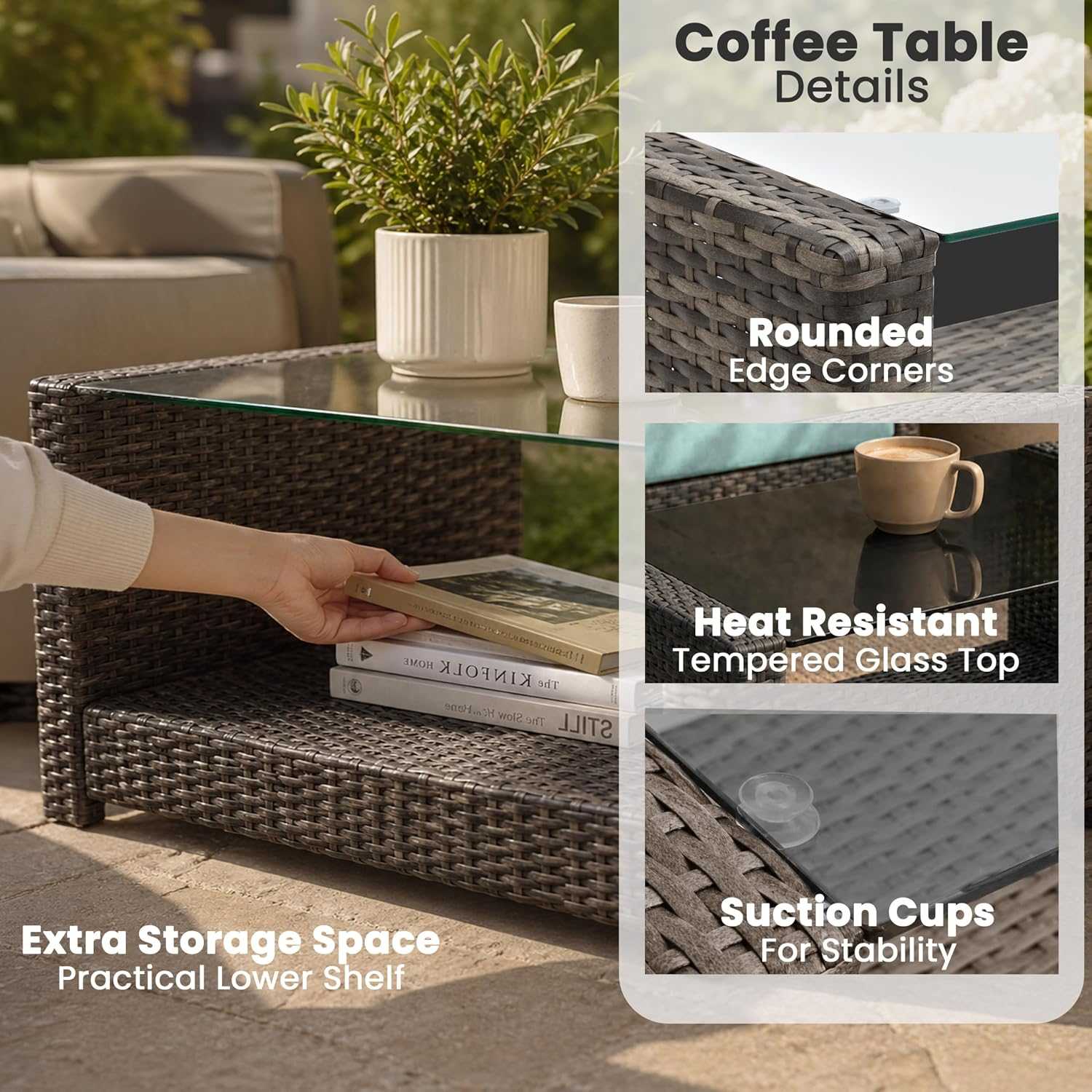 4 seater rattan garden sofa set with cushioned two-seater sofa, armchairs, and glass-top coffee table in modern outdoor patio setting