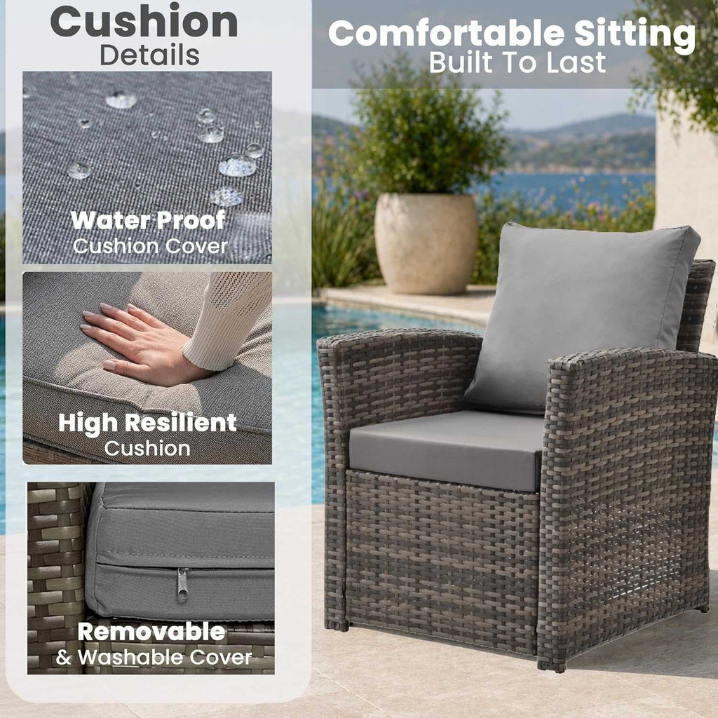 4 seater rattan garden sofa set with cushioned two-seater sofa, armchairs, and glass-top coffee table in outdoor patio setting