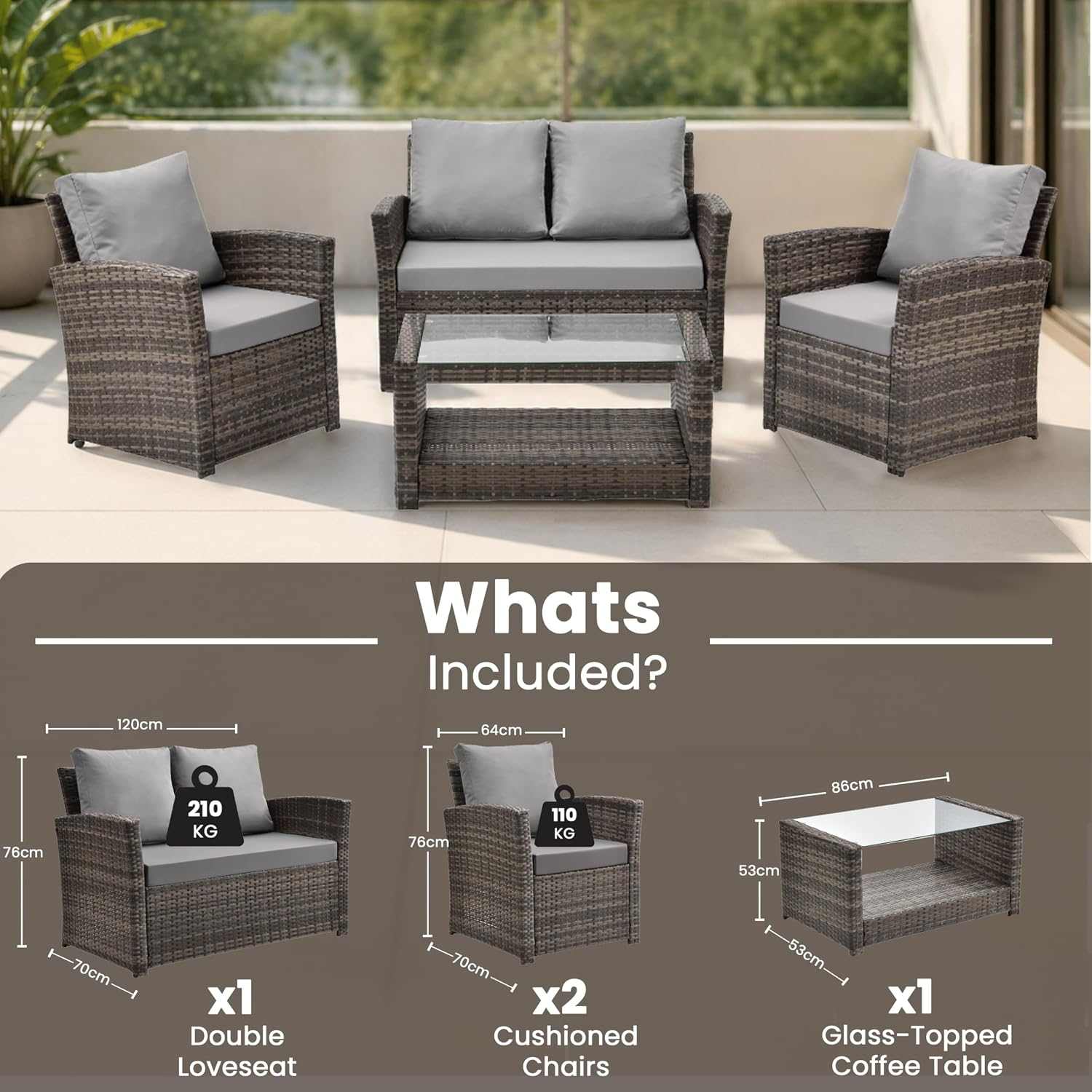 4 seater rattan garden sofa set with cushioned two-seater sofa, armchairs, and glass-top coffee table in modern outdoor patio setting
