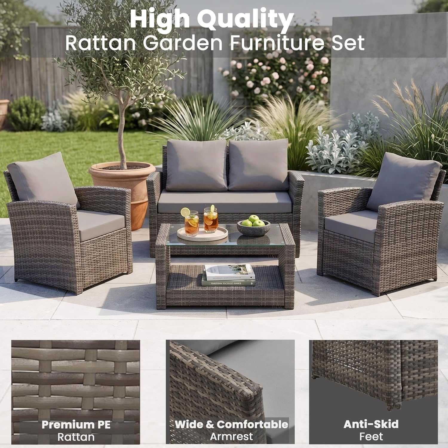 4 seater rattan garden sofa set with cushioned two-seater, armchairs, and glass-top coffee table outdoors