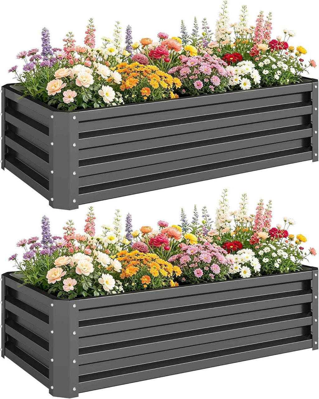 Set of 2 galvanized steel raised garden beds with waved panels in outdoor garden setting