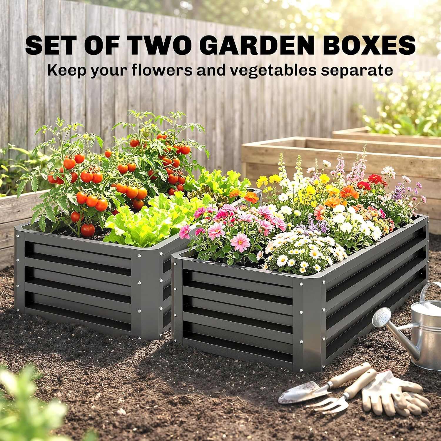 Set of 2 galvanized steel raised garden beds with waved design for vegetables and herbs