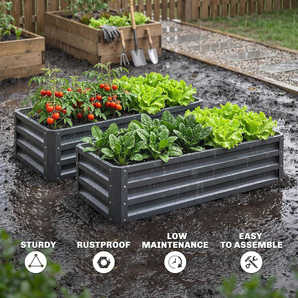 Set of 2 galvanised steel raised garden beds with waved design for vegetables and herbs