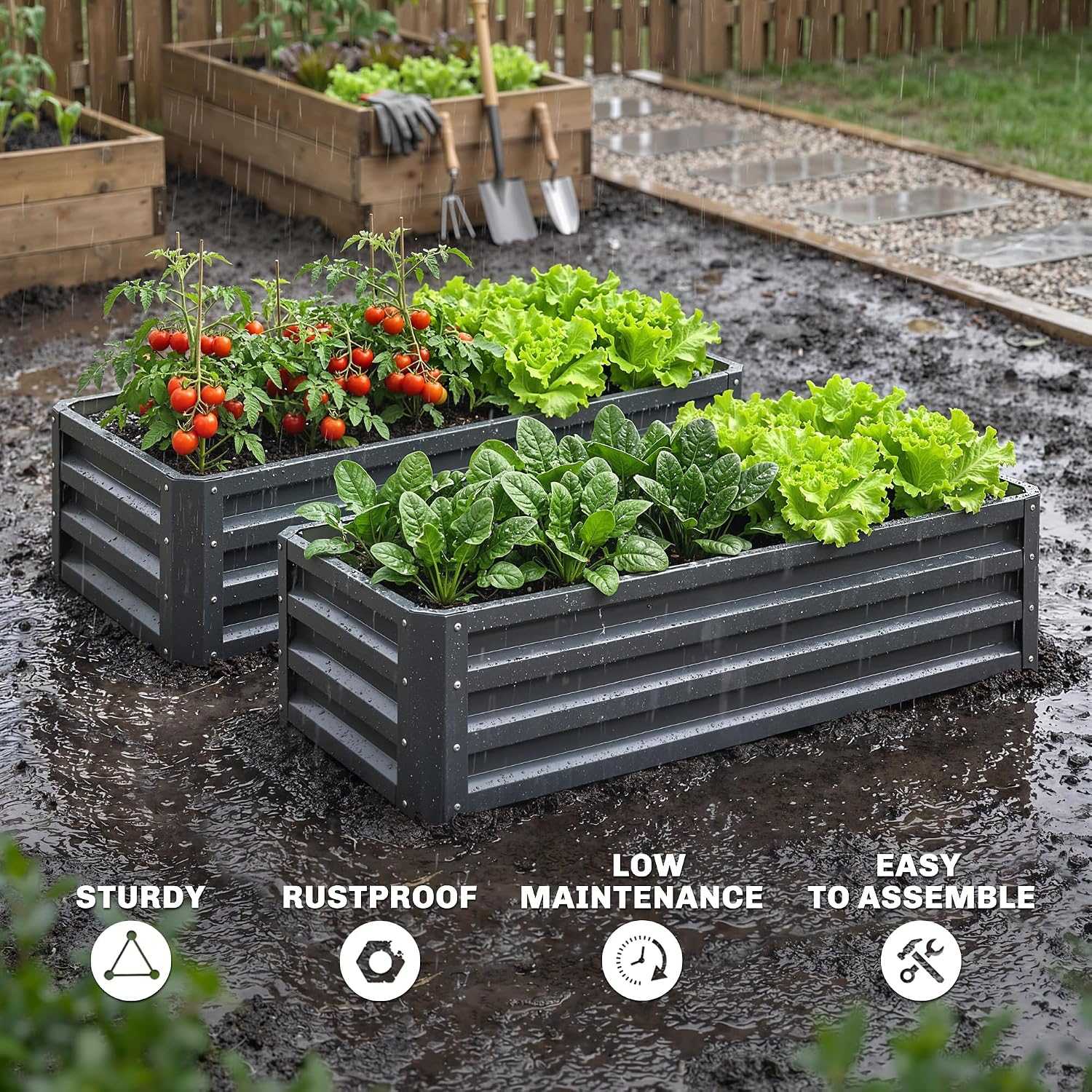 Set of 2 galvanised steel raised garden beds with waved design for vegetables and herbs