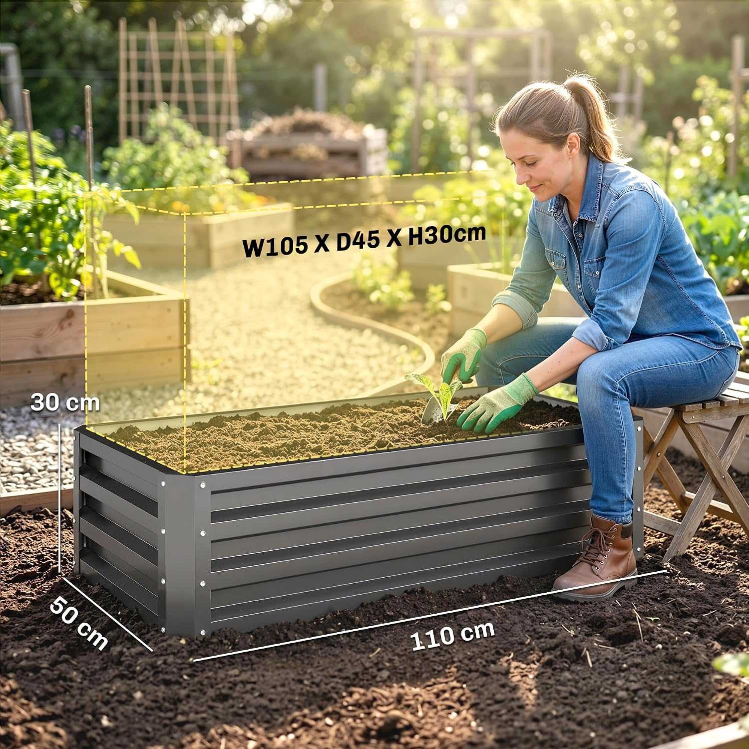 Set of 2 galvanized steel raised garden beds with waved panels for vegetables and flowers