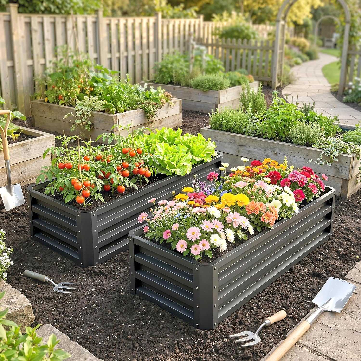 Set of 2 galvanized steel raised garden beds with waved design for vegetables and herbs