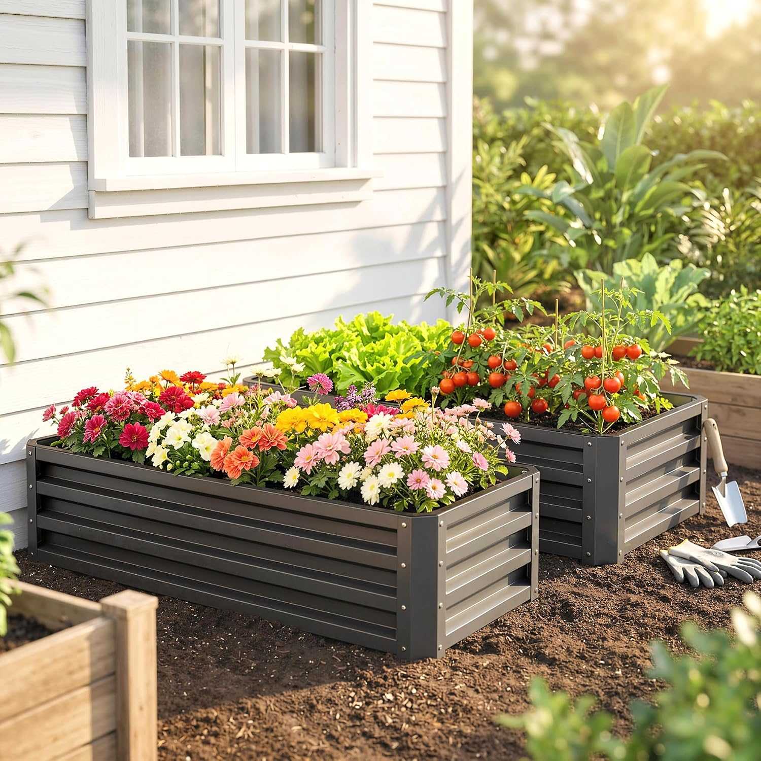 Set of 2 galvanized steel raised garden beds with waved design for vegetables and flowers